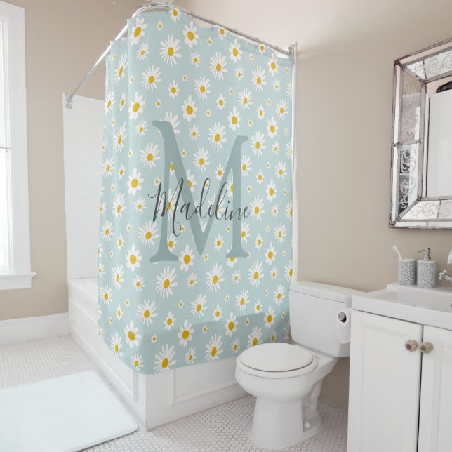 Chic Minimal Daisy Teal Script Monogram Shower Curtain (In Situ)