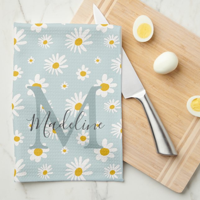 Chic Minimal Daisy Teal Script Monogram Tea Towel (Quarter Fold)