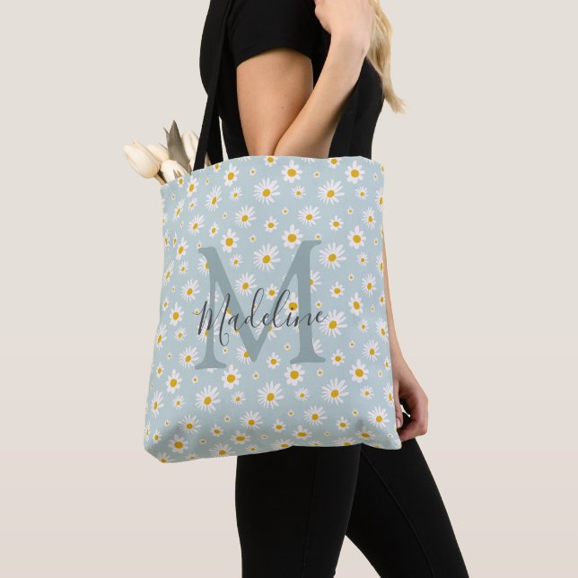 Chic Minimal Daisy Teal Script Monogram Tote Bag (Close Up)