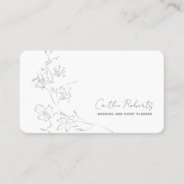 Chic Minimal Floral White Grey Handwritten Business Card (Front)