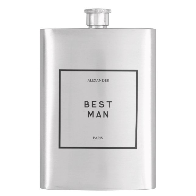 Chic Minimal French Black & White Best Man Name Hip Flask (Front)