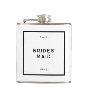 Chic Minimal French Black & White Bridesmaid Hip Flask