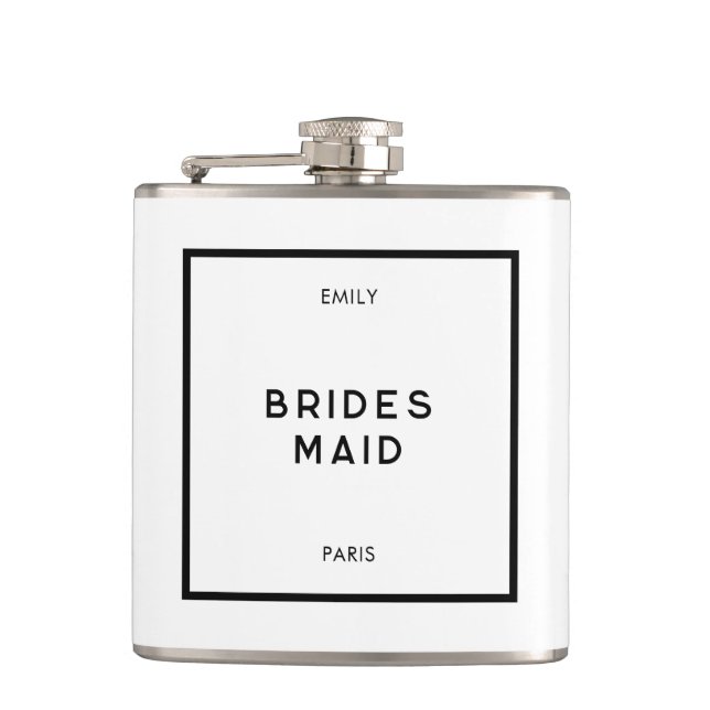 Chic Minimal French Black & White Bridesmaid Hip Flask (Front)