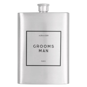 Chic Minimal French Black & White Groomsman Name Hip Flask