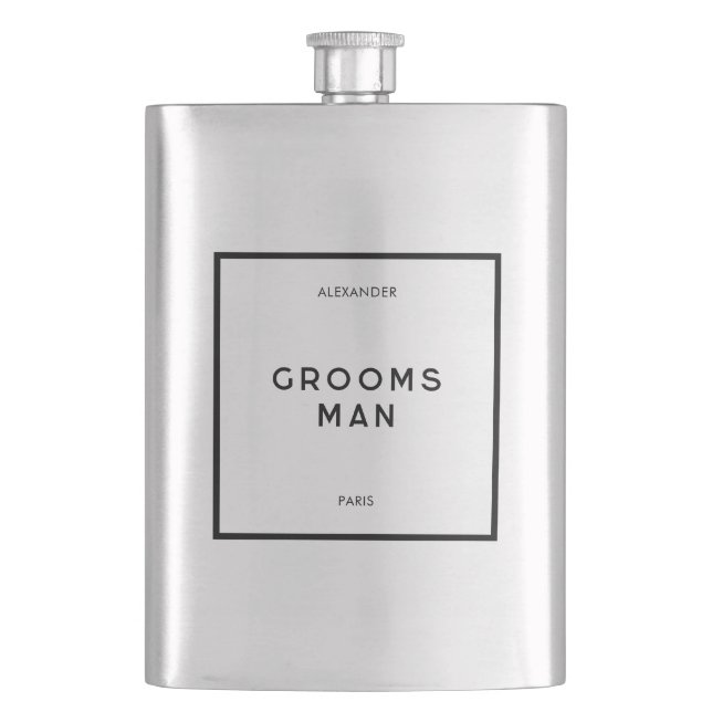 Chic Minimal French Black & White Groomsman Name Hip Flask (Front)
