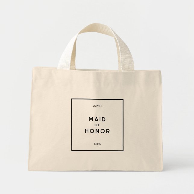 Chic Minimal French Black & White Maid Of Honour Mini Tote Bag (Front)