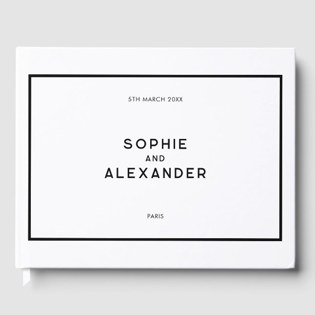 Chic Minimal French Black & White Wedding Memento Guest Book (Front)