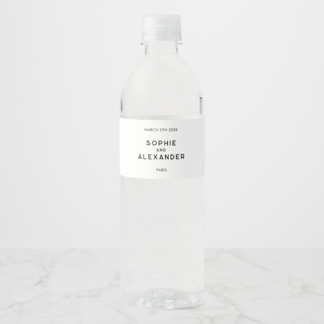 Chic Minimal French Black & White Wedding Water Bottle Label (Front)