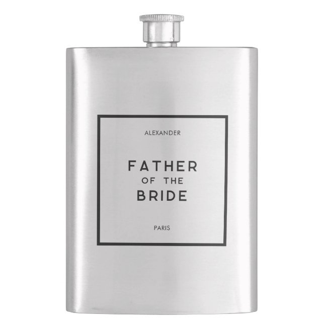 Chic Minimal French Monochrome Father Of The Bride Hip Flask (Front)