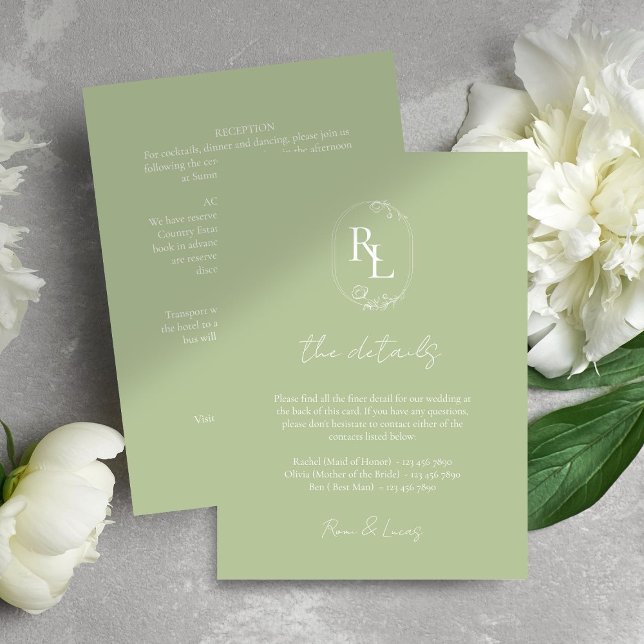 Chic Minimal Mint Green Wedding Monogram Details  Enclosure Card (Creator Uploaded)