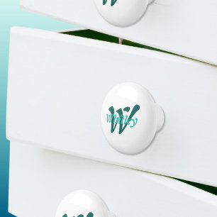 Chic Minimal Monogram Name Turquoise Green White Ceramic Knob