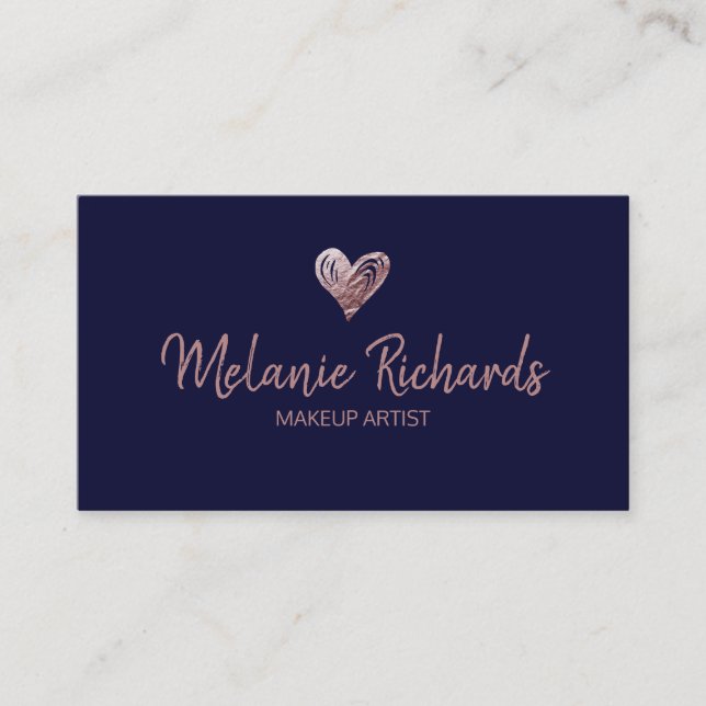 Chic minimal navy blue faux copper foil heart business card (Front)