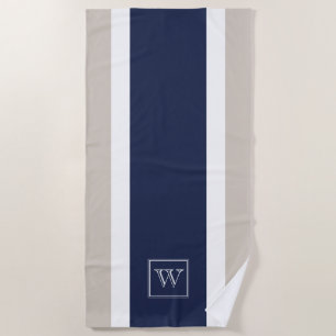 Chic Minimal Navy Blue Grey White Stripes Monogram Beach Towel