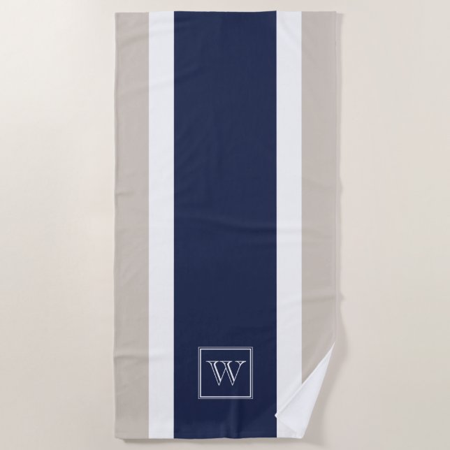 Chic Minimal Navy Blue Grey White Stripes Monogram Beach Towel (Front)