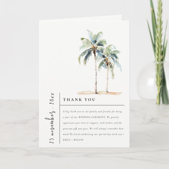 Chic Minimal Palm Trees Tropical Wedding Photo Thank You Card (Front)