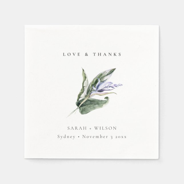 Chic Minimal Tropical Blue Leafy Floral Wedding Napkin (Front)