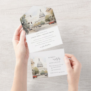Chic Minimal Washington DC, USA Watercolor Wedding All In One Invitation