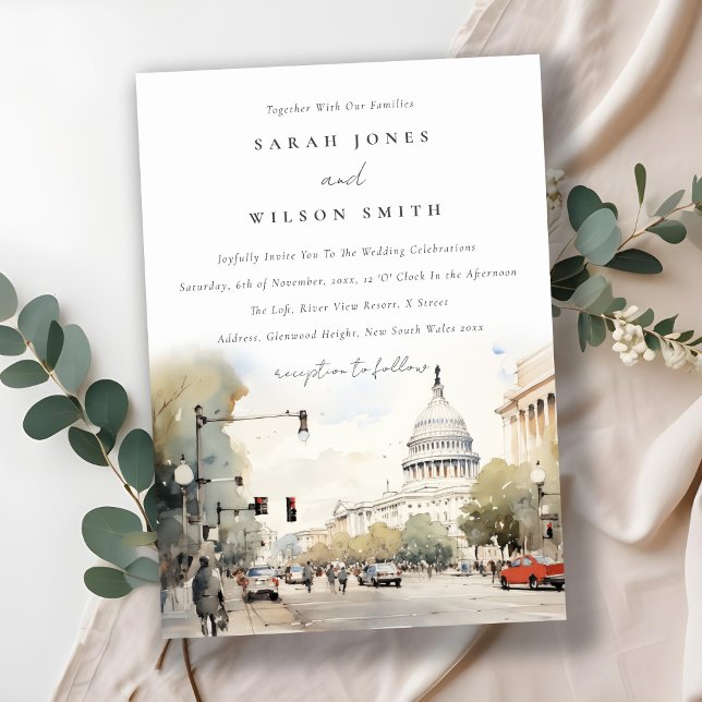 Chic Minimal Washington DC, USA Watercolor Wedding Invitation (Creator Uploaded)