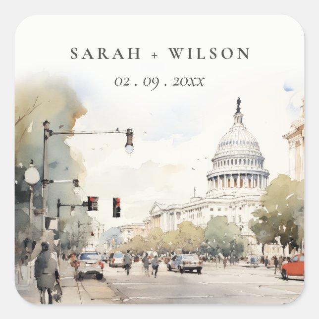 Chic Minimal Washington DC, USA Watercolor Wedding Square Sticker (Front)