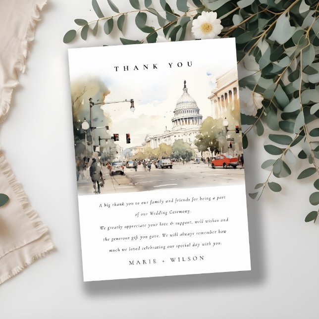 Chic Minimal Washington DC, USA Watercolor Wedding Thank You Card