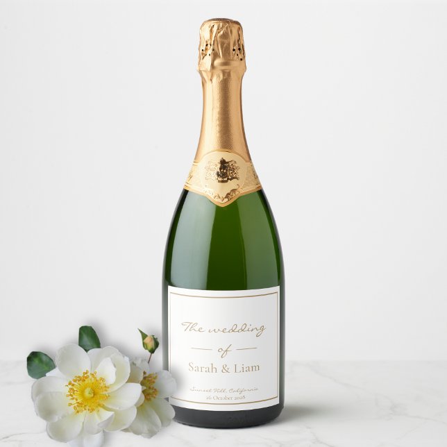 Chic Minimal | White and Golden Wedding Bottle  Sparkling Wine Label (Creator Uploaded)