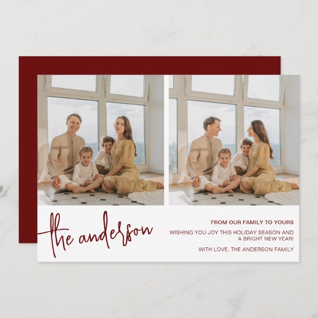 Chic Minimalist 2 Family Photo Red Christmas Holiday Card (Front/Back)
