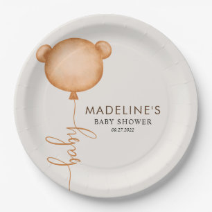 Chic Minimalist Bear Balloon Baby Shower Paper Plate