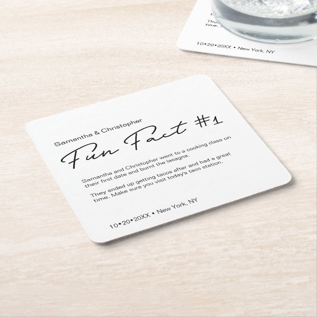 Chic Minimalist Black and White fun fact Wedding Square Paper Coaster (Angled)