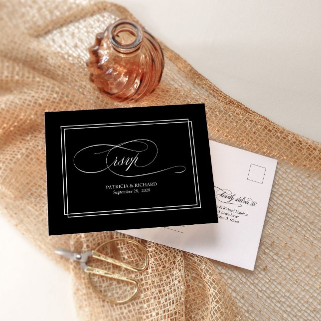 Chic Minimalist Black Script Wedding RSVP Postcard (Creator Uploaded)