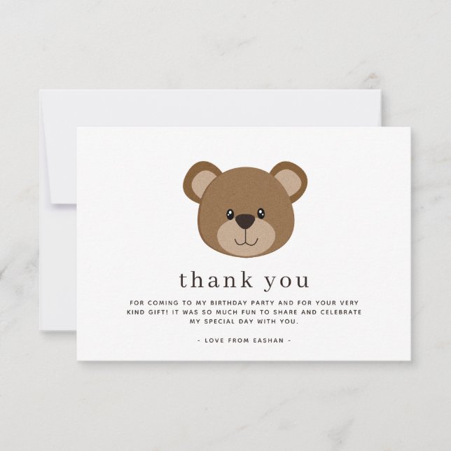 Chic Minimalist Brown Bear Birthday Thank You Card (Front)