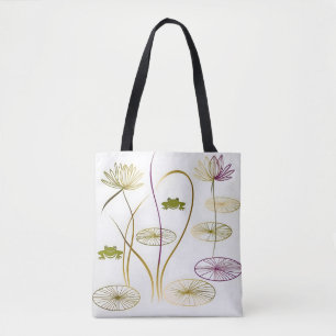 Chic minimalist calligraphy frogs and  lily pads tote bag