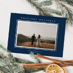 Chic Minimalist Elegance Navy Blue Christmas Photo Foil Holiday Card<br><div class="desc">This elegant holiday photo card features one horizontal photo, classic raised foil frame around the photo, and a greeting in raised foil over a navy blue background. The greeting on the front is editable so it's easily changed to anything you like. The back of the card is the same navy...</div>