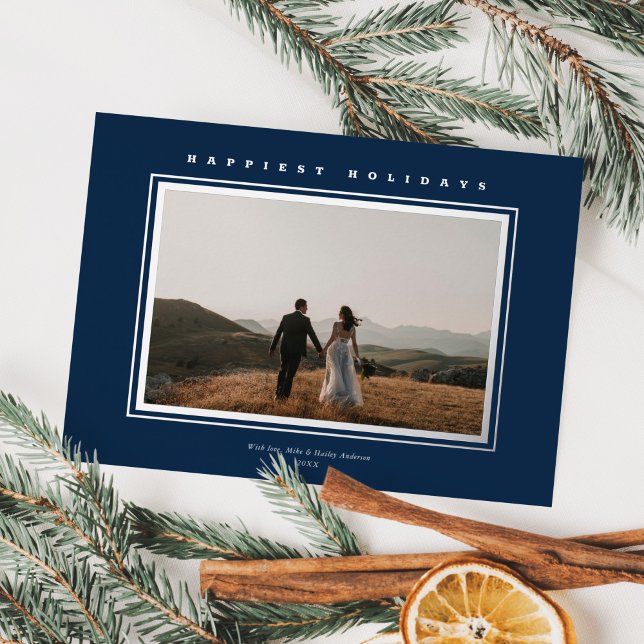 Chic Minimalist Elegance Navy Blue Christmas Photo Foil Holiday Card (Creator Uploaded)