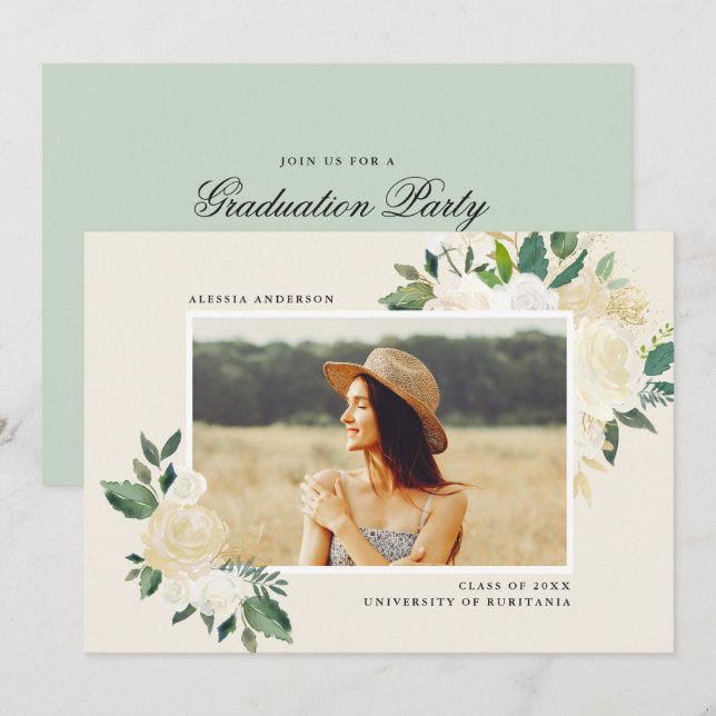 Chic Minimalist Floral Photo Graduation Party Invitation (Front/Back)