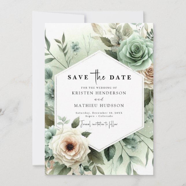 Chic Minimalist Flowers Sage Green Wedding  Save The Date (Front)