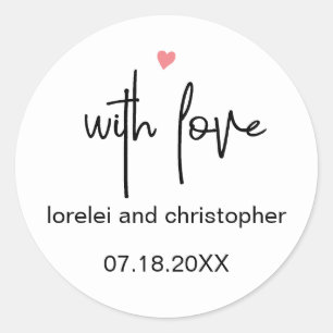 Chic Minimalist Font, With Love & Heart Wedding Classic Round Sticker