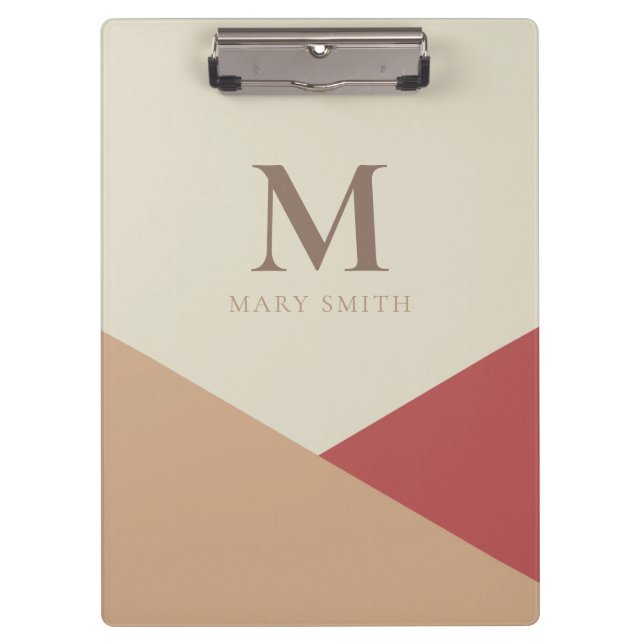 Chic Minimalist Geometric Pastel Brown Monogram Clipboard (Front)