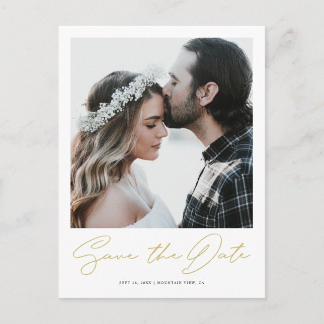 Chic Minimalist Gold Photo Wedding Save the Date Announcement Postcard (Front)
