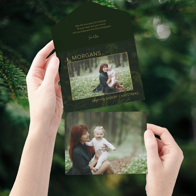 Chic Minimalist Green Damask Christmas Photo All In One Invitation (Creator Uploaded)