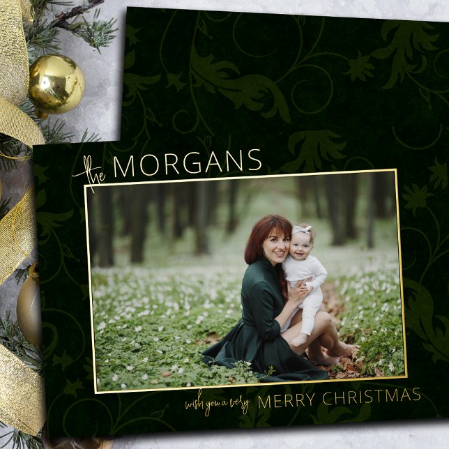 Chic Minimalist Green Damask Christmas Photo Foil Holiday Card (Creator Uploaded)