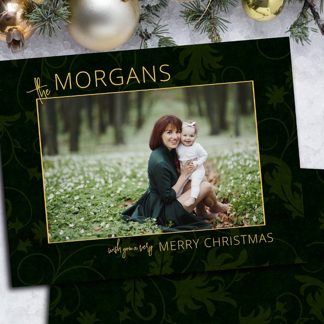 Chic Minimalist Green Damask Christmas Photo Holiday Card (Creator Uploaded)