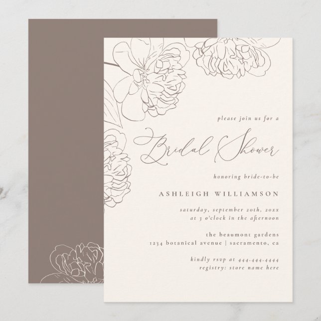 Chic Minimalist Hand-drawn Peonies Bridal Shower Invitation (Front/Back)