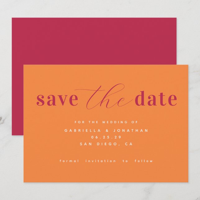 Chic Minimalist Magenta Pink Orange Wedding  Save  The Date (Front/Back)