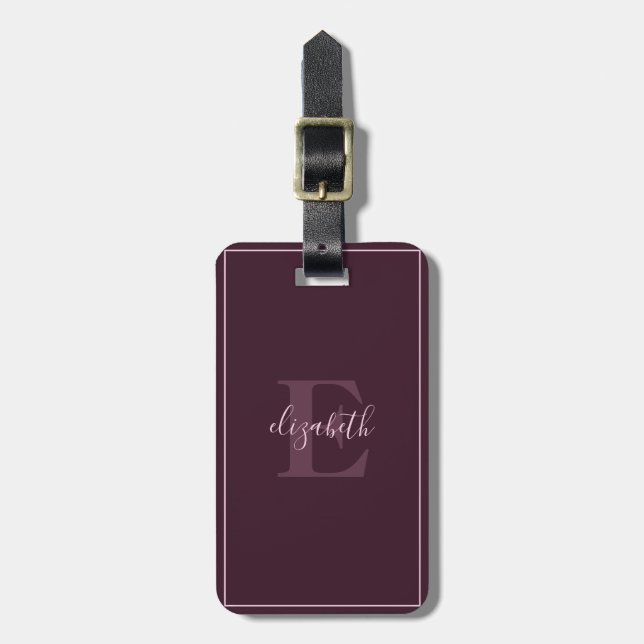 Chic Minimalist Monogrammed Maroon Luggage Tag (Front Vertical)