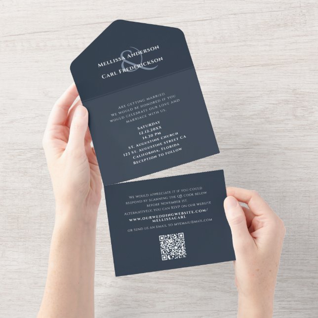 Chic Minimalist Outer Space Navy QR Wedding RSVP All In One Invitation (Tearaway)