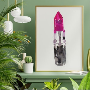 Chic Minimalist Pink Black Watercolor Lipstick  Poster