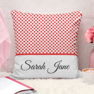 Chic Minimalist Red & White Polka Dots Custom Name Cushion