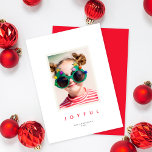 Chic Minimalist Type JOYFUL Christmas One Photo Holiday Card<br><div class="desc">This elegant yet minimalist holiday photo card allows your photo to really shine! On the front there is a greeting that simply says "JOYFUL" in red but is editable so it can be changed to anything you like (MERRY, BLESSED, REJOICE, etc). This design accommodates one vertical photo. You can further...</div>