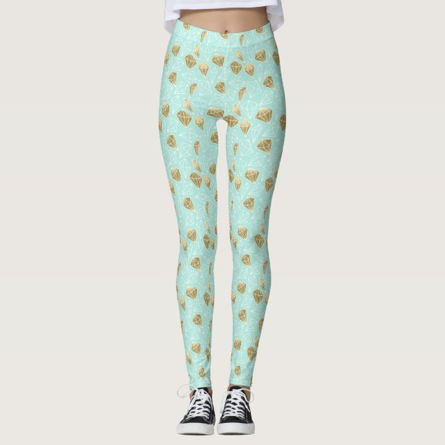 Chic Mint and Gold Diamonds Leggings (Front)