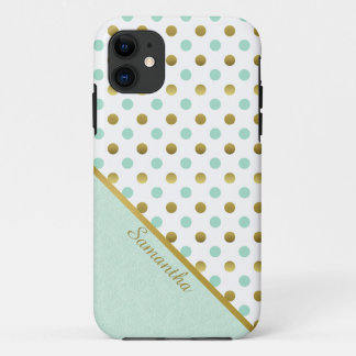 Chic Mint and Gold Polka Dots iPhone 11 Case